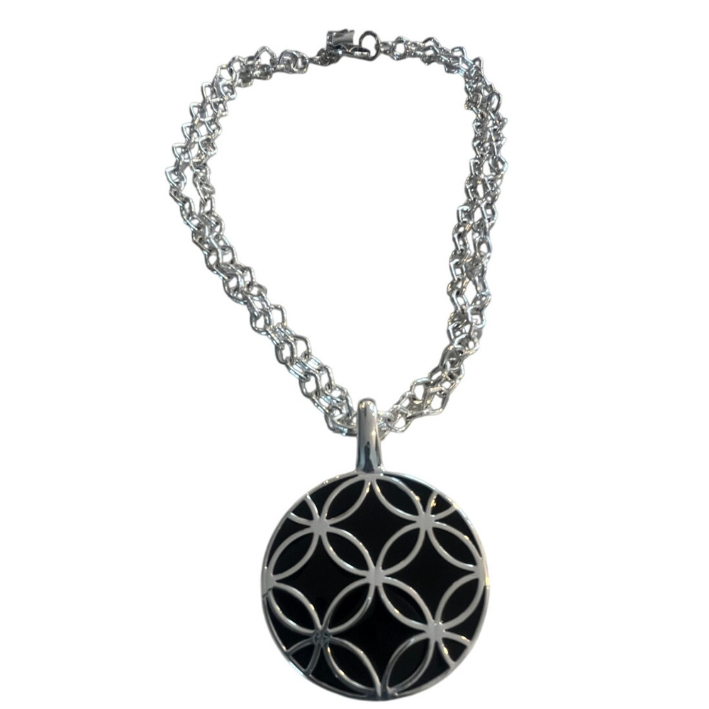 Double Strand Silver Necklace with Reversible\Removable Black & Silver Pendant